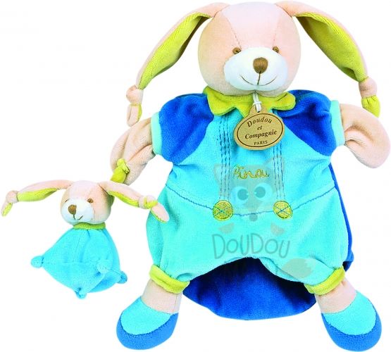  pinou lapin et bébé marionnette bleu vert beige 